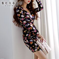 Print dress big pink doll autumn new black flowers v neck skinny hips long sleeve dress