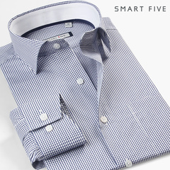 SmartFive 时尚商务蓝白小格子衬衫一字领纯棉免烫潮流男长袖衬衣
