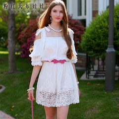 New dress big pink white dolls 2015 summer romance bare-shoulder lace chiffon dress girls