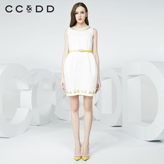 【新】CCDD2016夏装新款女 绣花圆领通勤连衣裙 无袖气质茧型裙