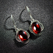 Thai silver jewelry 925 Silver Thailand jewelry Red Ruby Flower Earrings long earrings woman