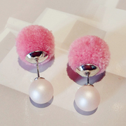 Email Korean version of 2016 new wool ball earrings on both sides before and after Pearl Earring quality women''s accessories