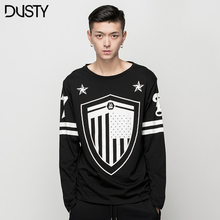 dusty秋季男士五角星高街朋克风黑色印花长袖t恤复古个性香港潮牌