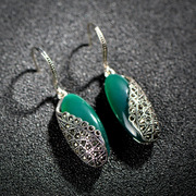 Tai long earrings 925 Silver vintage natural green agate Court Thai ornaments women mark match earrings