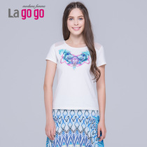 Lagogo/拉谷谷2015年夏季新款拼接图形钉珠个性绣花T恤EBL791E448