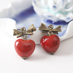 Original handmade ceramic glaze heart-shaped jewelry characteristics of Jingdezhen porcelain bead earrings vintage ethnic earrings