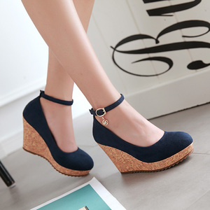 春秋百搭韩版新款坡跟单鞋厚底性感防滑浅口圆头超高跟大小码女鞋