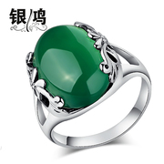 Silver 925 Silver jewelry vintage hung Thai silver ring vintage natural green agate ring old silversmith silver ring woman