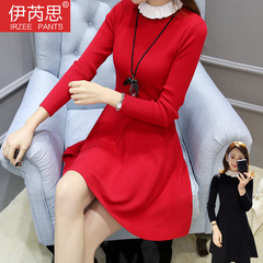 韩版修身洋气套头中长款加厚毛衣裙荷叶领针织红色连衣裙潮小黑裙