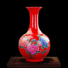 景德镇陶瓷器中国红牡丹现代装饰工艺口花瓶花插时尚喜庆家居摆件
