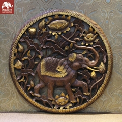 泰国雕花板大象东南亚风情家装背景装饰壁挂木雕大象荷花木雕画