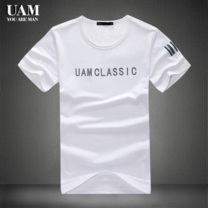 UAM男装短袖t恤男莫代尔棉修身欧美白色大码半袖圆领男士T恤衫55