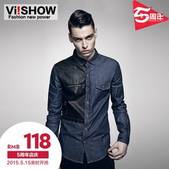 Viishow2015 spring new style long sleeve slim casual cotton spliced spell leather zipper denim shirt City boy