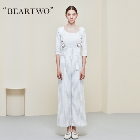 【设计师款】BEARTWO 2017秋 宽松条纹金属扣背带裤BE7A300501