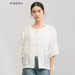 利贝拉2016夏季新品圆领白色镂空蕾丝五分袖外套女宽松透气空调衫