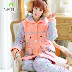 韩版可爱冬睡衣女珊瑚绒夹棉卡通猫三层加厚保暖可外穿家居服套装