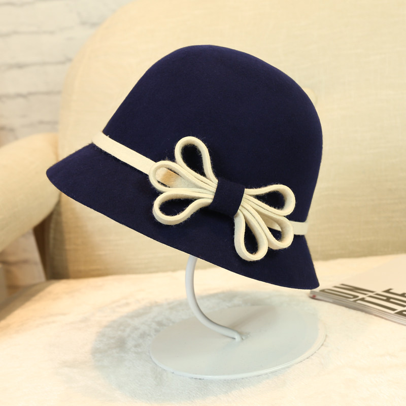 秋冬新款纯羊毛礼帽女士英伦风优雅小沿盆帽撞色中国风蝴蝶结毡帽