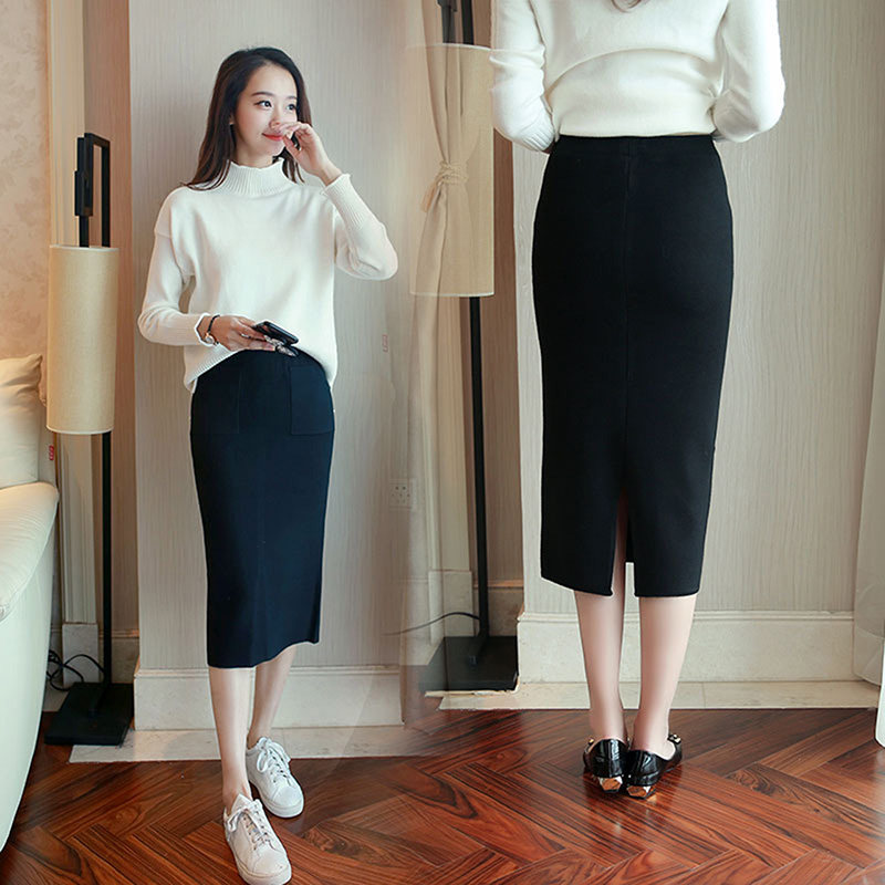 秋鼕中長款針織半身裙鉛筆裙開叉包臀裙一步裙高腰裙子長裙春季女