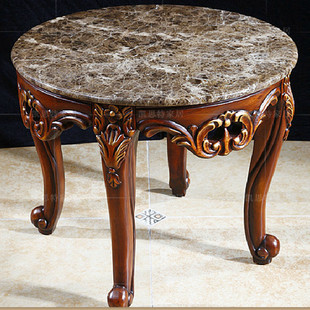 美式实木雕花圆茶几 角几 欧式大理石圆茶几 角几 乡村家具圆茶几