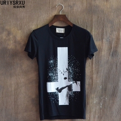 夏季韩版潮流短袖T恤印花十字架时尚个性男士休闲衫圆领修身黑t恤