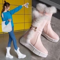 2016冬季新款中筒加厚兔毛雪地靴女防滑学生厚底平底皮面粉色女鞋