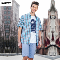 WRC夏季青年男宽松格子短袖衬衫大码潮 男式英伦纯棉学生衬衣薄款