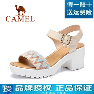 prada品牌代言 美國 Camel駱駝 正品牌真皮2020新款女鞋時尚百搭粗跟高跟涼鞋 prada