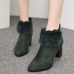 韩版粗跟高跟尖头绒面水貂毛踝靴女冬季新款加绒磨砂墨绿色马丁靴