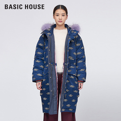 Basic House/百家好冬季韩版加绒加厚长款连帽羽绒服外套HQDJ721D