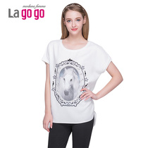 lagogo拉谷谷 2015夏季马镜子印花宽松不对称上衣EBA601J901