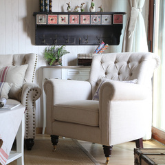美式乡村单人沙发欧式拉扣麻布布艺书房客厅卧室小沙发组合老虎椅