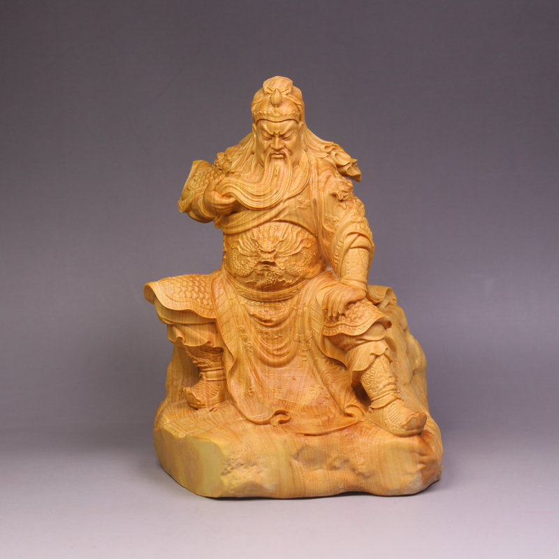 黄杨木雕坐式关公摆件实木雕刻关羽关帝爷武财神红木工艺品