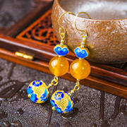 Very Thai burn blue cloisonne 925 Silver ladies natural yellow agate earrings bead gold plated earrings woman