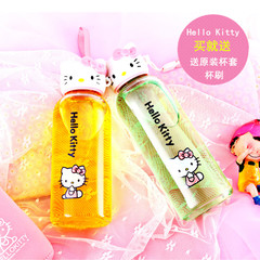 可爱韩版小猫头玻璃杯便携手绳hellokitty女士学生创意水杯花茶杯