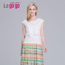Lagogo/拉谷谷2015夏季新款纯色修身贴布拼接甜美T恤EBL795J942