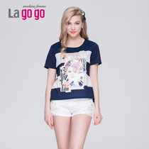 lagogo 拉谷谷 2015夏装新品撞色条纹印花短袖上衣EBA611H301