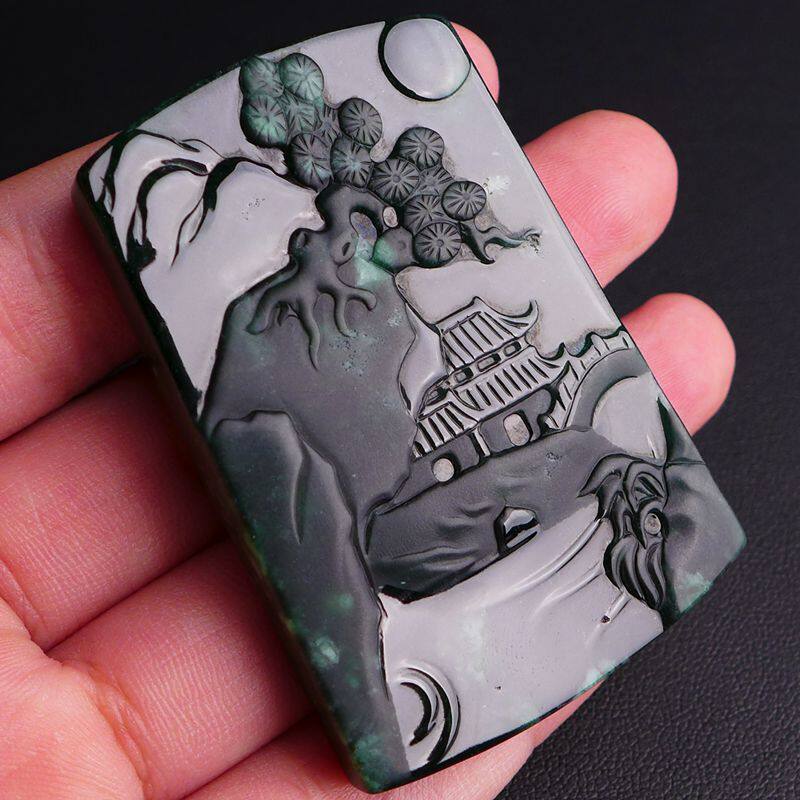 【高端通透双面山水牌】天然a货墨翠写意山水吊坠 54.70g