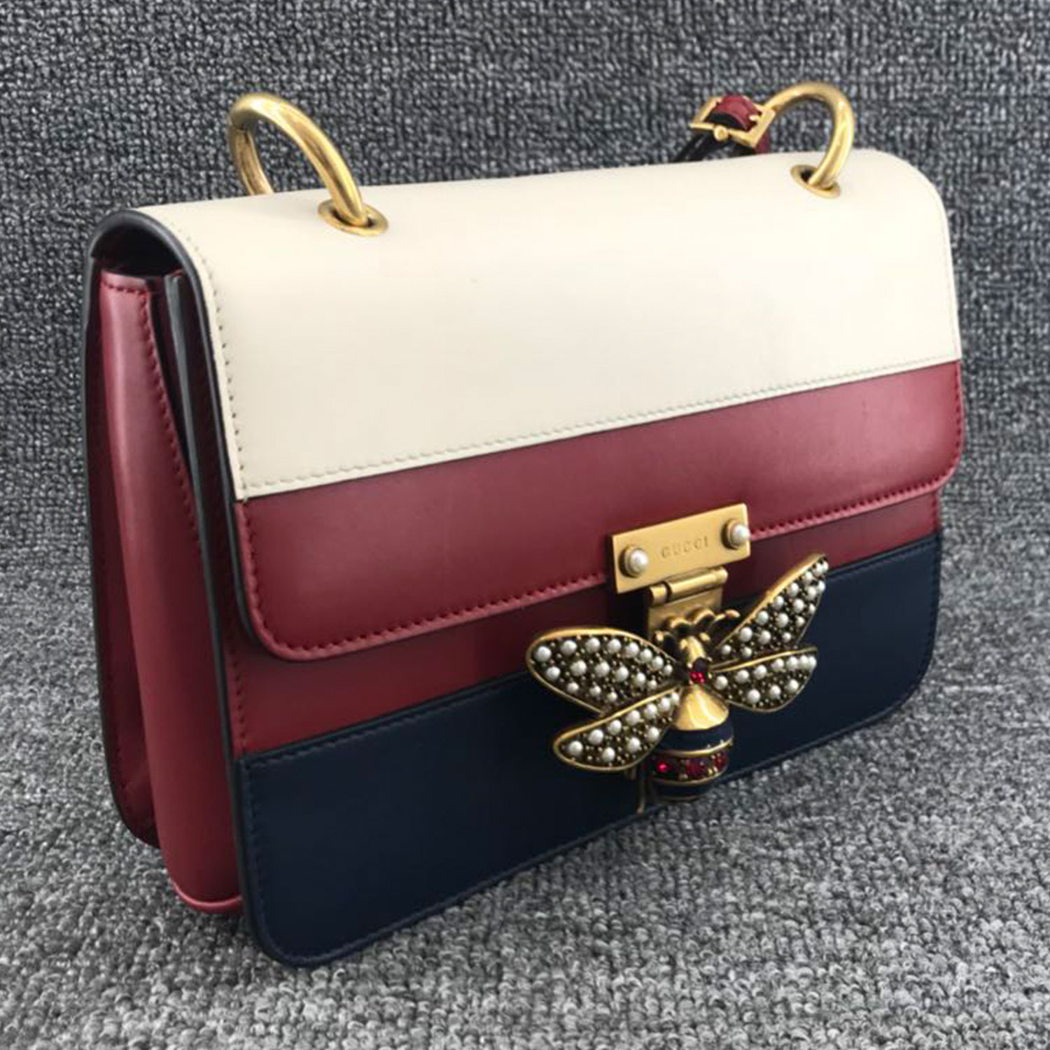 [9.5新]古驰gucci queen margaret 三拼色蜜蜂包女士单肩斜挎包 f
