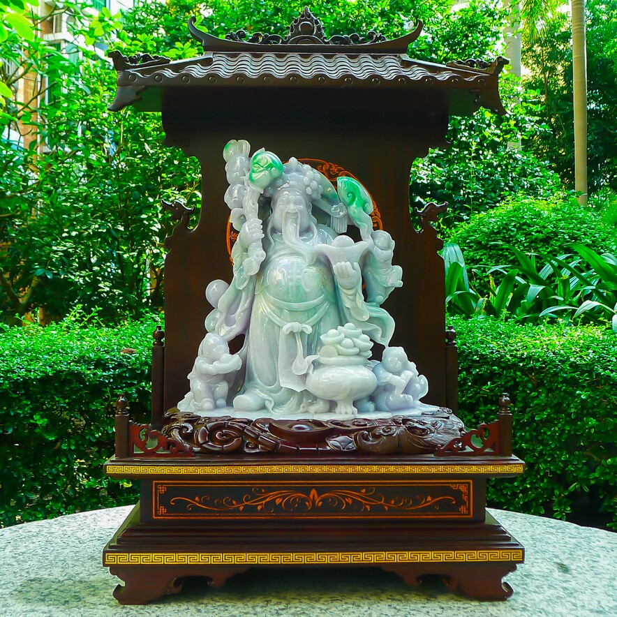 【八方来财】缅甸天然翡翠a货匠心精雕招财进宝~财神爷摆件8800g