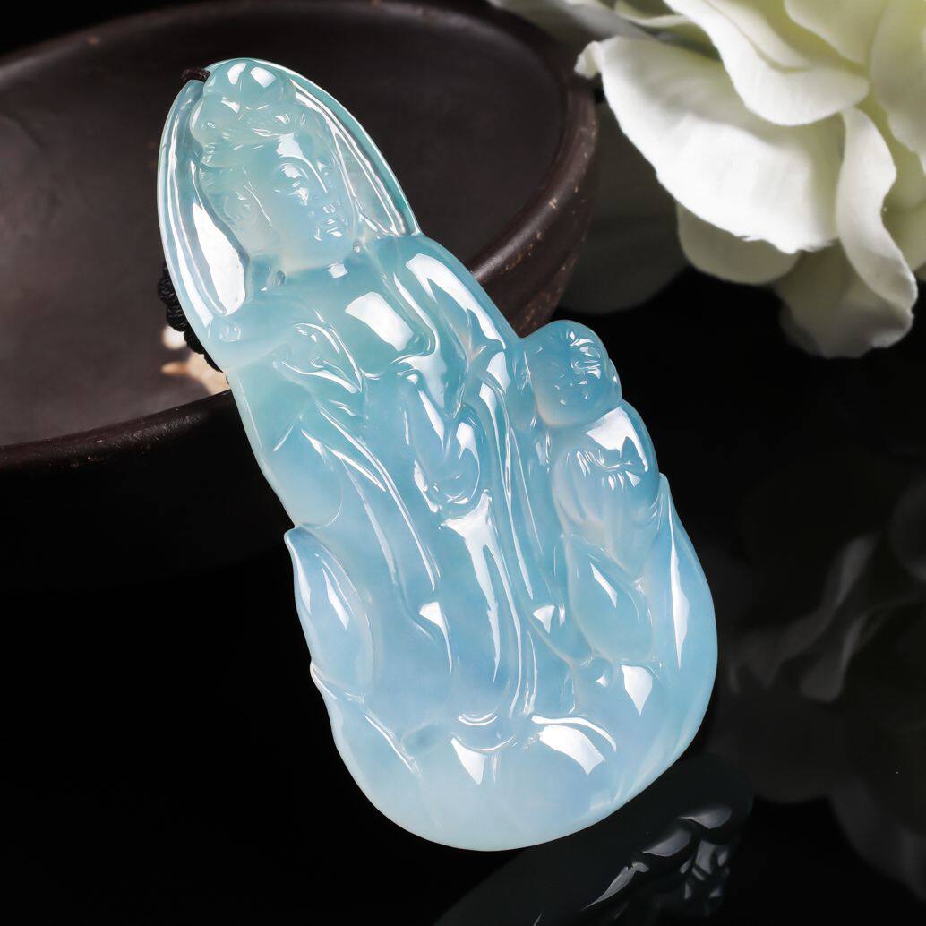 【送子观音】玉翡翠拍卖缅甸天然翡翠a货冰润送子观音吊坠31.22g