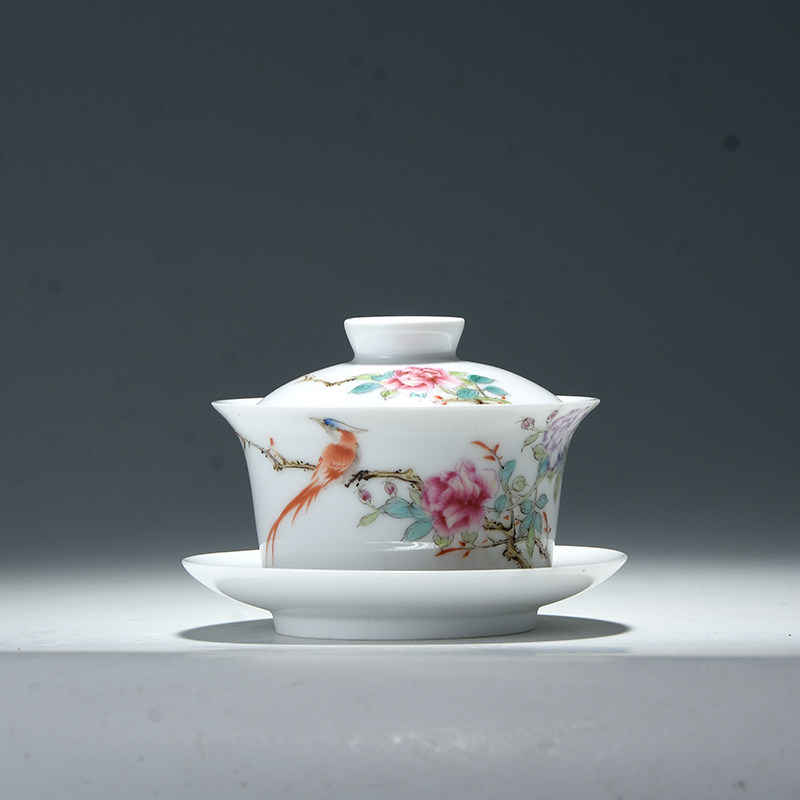 鸟语花香 粉彩盖碗 景德镇陶瓷工艺美术师 吴金松作品l