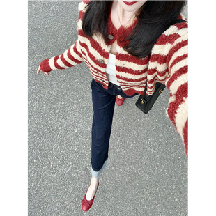 极速奶糯风红色条纹圈圈纱针织衫女早春季罩衫气质通勤韩系毛衣短