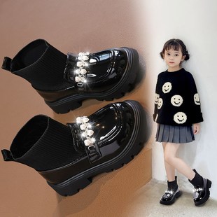 ABC defierm女童鞋子黑色袜子靴春秋新款公主马丁靴珍珠漆皮小皮