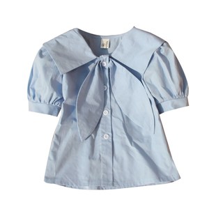 女童短袖衬衫2h024夏装新款儿童蓝色衬衣泡泡袖中大童带领结上衣