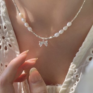推荐碎银子几两小米珠珍珠项链蝴蝶结颈链小米粒超细款锁骨链女高