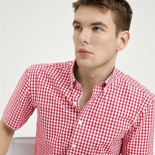 第五季夏季修身红色格子衬衫男短袖时尚格纹衬Q衣纯棉美式休闲免