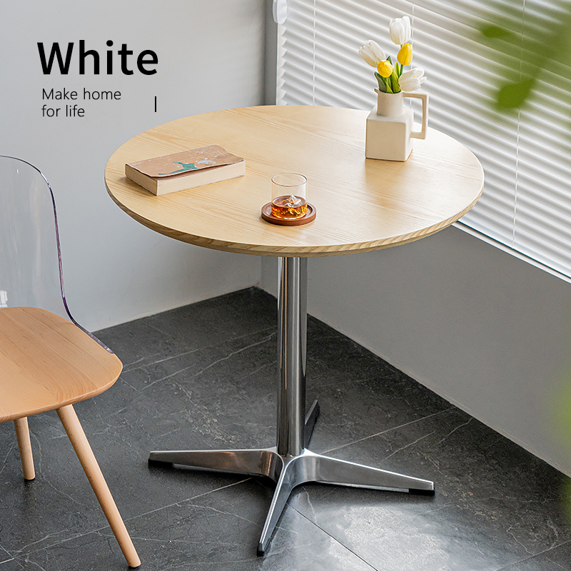 关于白北欧实木餐桌家用咖啡厅奶茶店洽谈桌圆桌小户型不锈钢桌子
