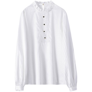 优雅气质白衬衫女装2023春夏季新款条纹丝质荷叶边领套头立领上衣
