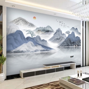 极速3D立体办公室墙纸中式山水画风景壁纸壁画客厅电视背景墙沙发