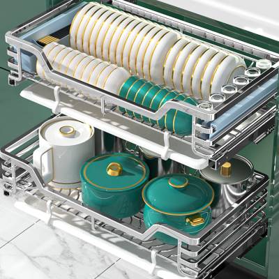 极速贵漠拉篮厨房橱柜304不锈钢双层抽屉式碗架碗碟篮碗柜拉蓝碗